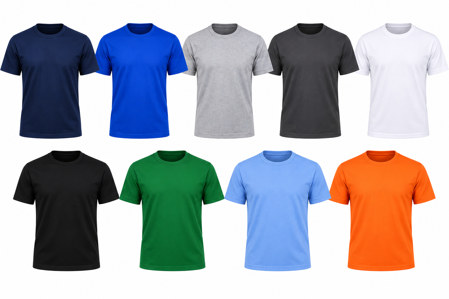 T-shirt manches courtes 100% coton - Blanc, Bleu marine, bleu roi, Gris, Noir, gris chiné, rouge, vert, Orange