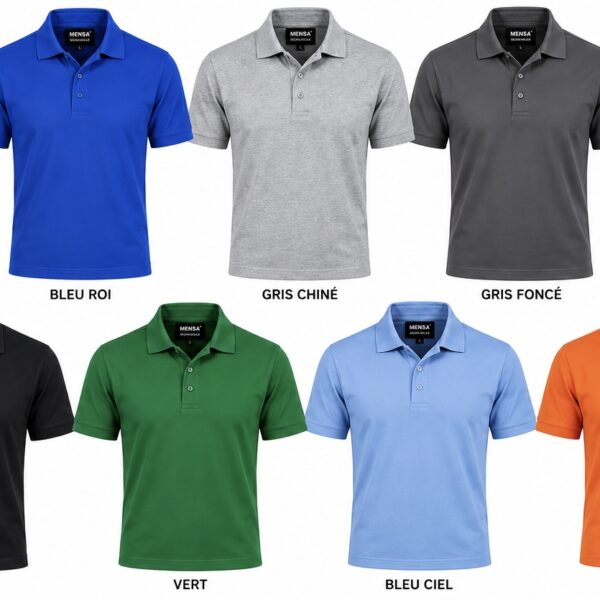 Polo manches courtes 100% coton - Blanc, Bleu marine, bleu roi, Gris, Noir, gris chiné, rouge, vert
