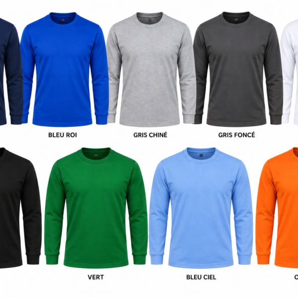 T-shirt manches Longues 100% coton - Blanc, Bleu marine, bleu roi, Gris, Noir, gris chiné, rouge, vert, Orange