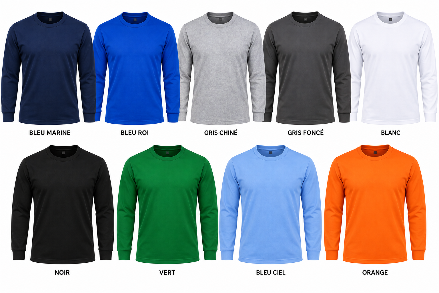 T-shirt manches Longues 100% coton - Blanc, Bleu marine, bleu roi, Gris, Noir, gris chiné, rouge, vert, Orange