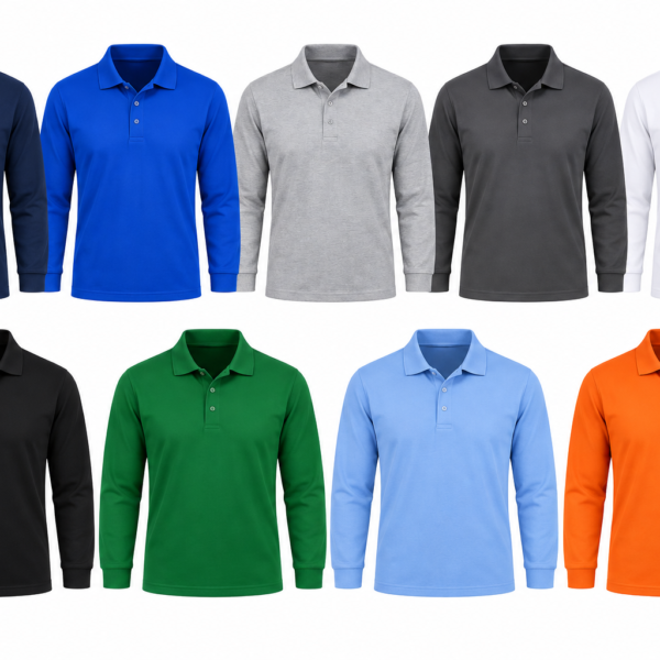Polo manches longues 100% coton - Blanc, Bleu marine, bleu roi, Gris, Noir, gris chiné, rouge, vert