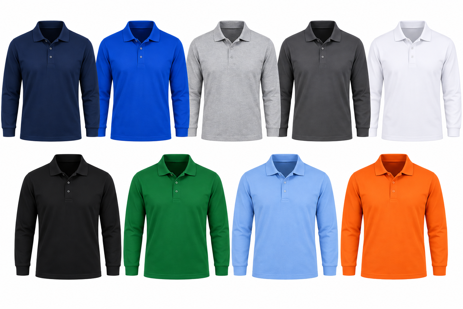 Polo manches longues 100% coton - Blanc, Bleu marine, bleu roi, Gris, Noir, gris chiné, rouge, vert